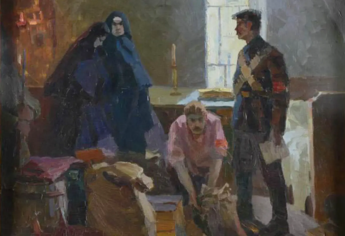 Изъятие продовольствия в Сольбинском монастыре, худ. Владислав Скок, 1960 г., холст, масло